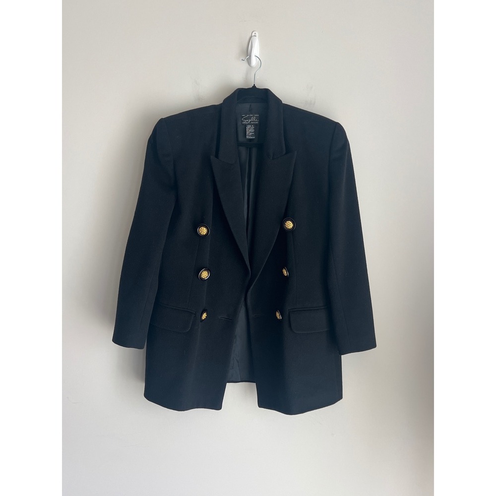 Suzelle Vintage Black Lambswool Cashmere Double Breasted Blazer Gold Buttons L